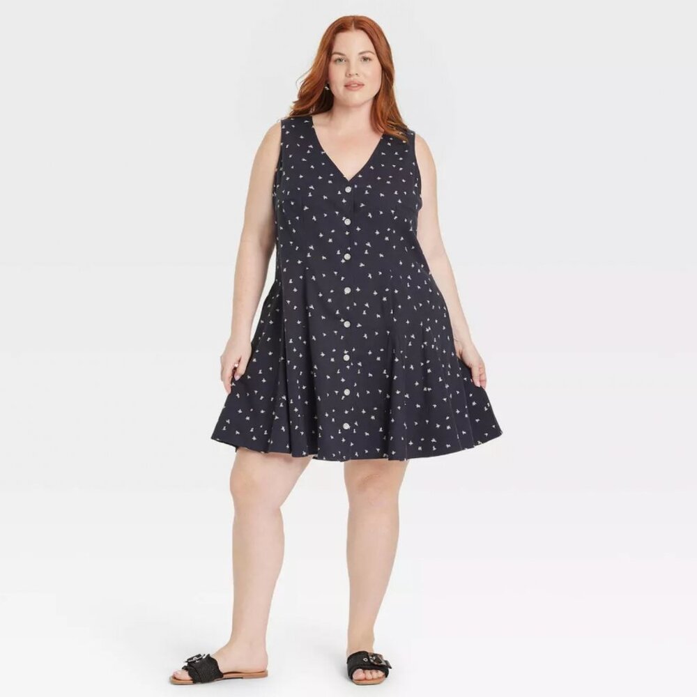 NWT Universal Thread Navy Blue Floral XXL Button-Front Godet Mini A-Line Dress
